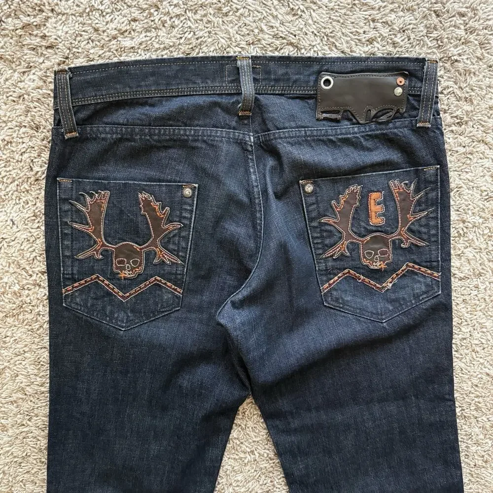 Vintage Energie Jeans Y2K Blue Denim Jeans Skull Embroidered Streetwear Size 34